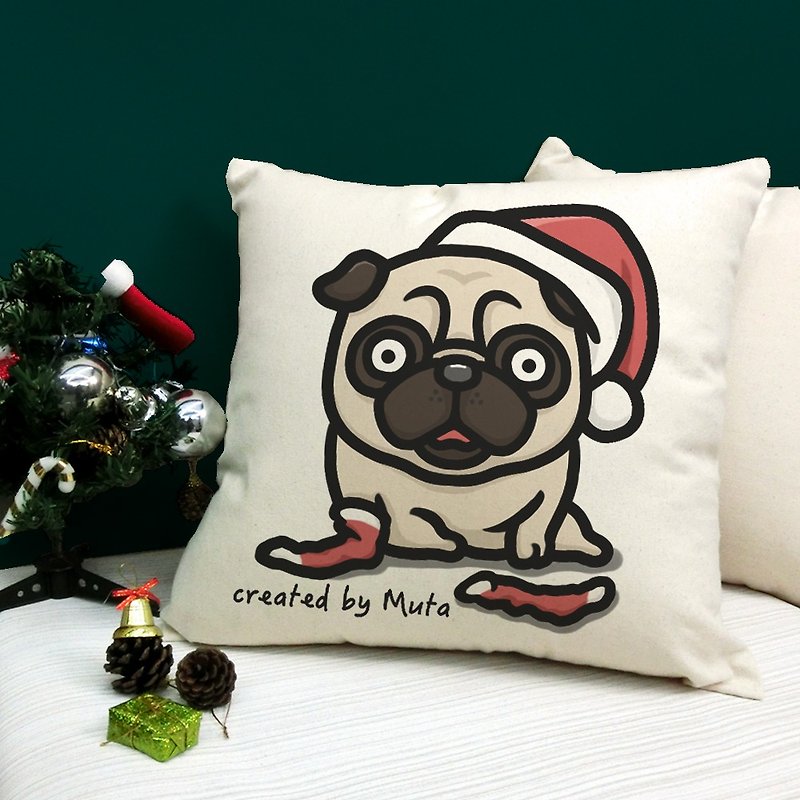 【聖誕禮物】XMAS巴哥 純棉雙色帆布抱枕 - 枕頭/抱枕 - 棉．麻 