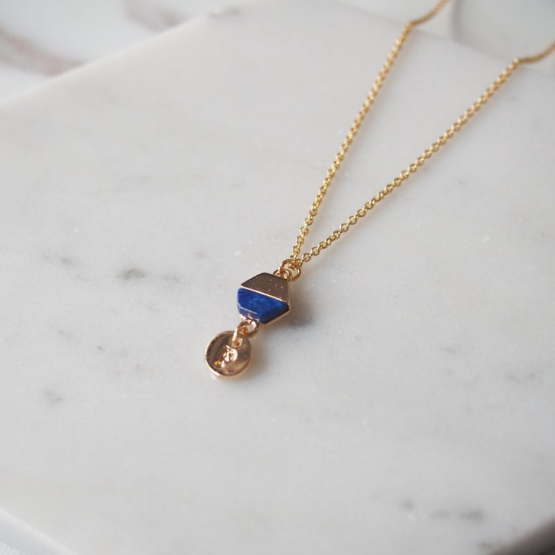 Hexagonal, Lapis, Customized, English Alphabet, Gold Plated Necklace (45cm) - Necklaces - Other Metals Blue
