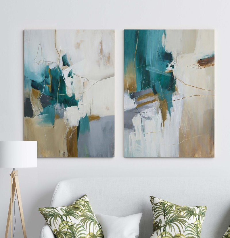 Teal diptych painting|Teal diptych wall art|Emerald set of 2 Abstract|Melody Set - 壁貼/牆壁裝飾 - 棉．麻 綠色
