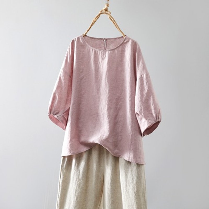 Soft puff sleeve blouse, 100% Linen, half sleeve, pink, 230509-2 - Women's Tops - Other Materials 