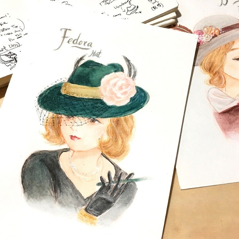 Fedoraの帽子の紳士キャップ/オリジナルの絵の原稿 - ポスター・絵 - 紙 ホワイト