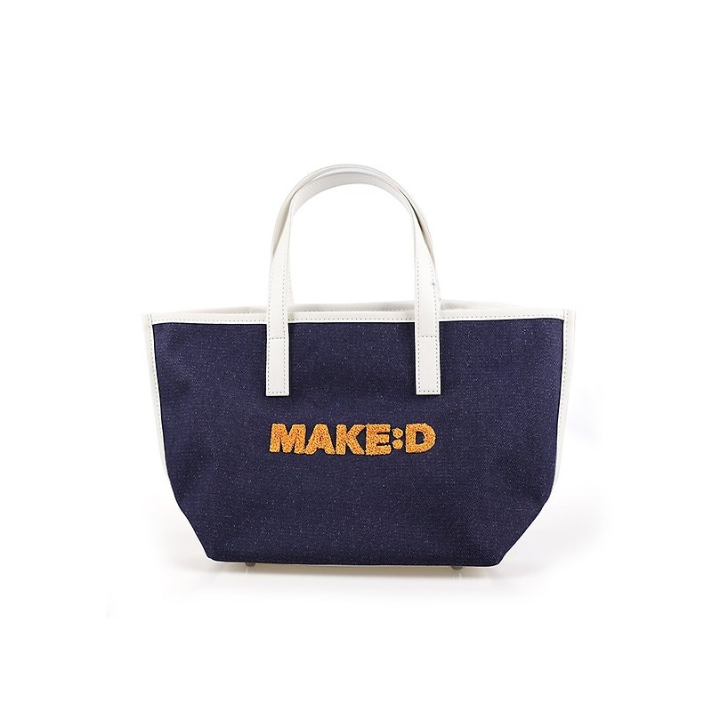 MAKE:D Logo Denim Mini Tote Bag yellow - 手提包/手提袋 - 棉．麻 藍色