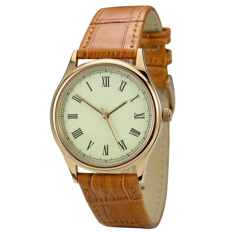 逆時針手錶 羅馬字 玫瑰金殼 復古 中性設計 全球免運 - 男錶/中性錶 - 不鏽鋼 卡其色