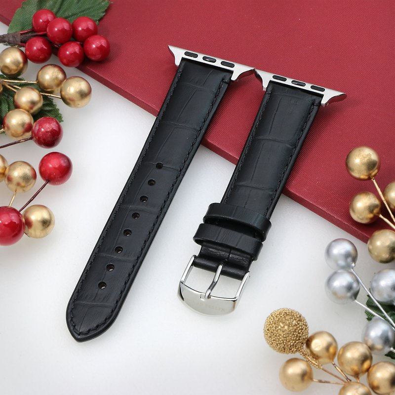 【APPLE WATCH compatible】Black alligator-embossed calf leather strap - Watchbands - Genuine Leather Black