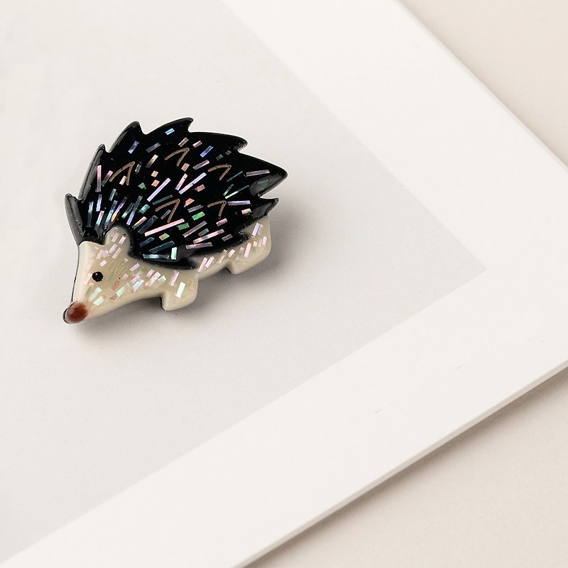 Hedgehog, Mother-of-pearl Brooch - Brooches - Acrylic Black