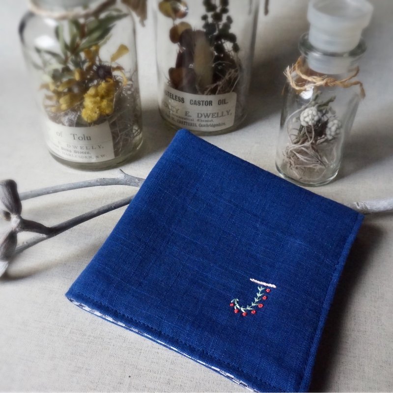 Hand embroidered quadruple gauze handkerchief initial A~Z 2(order-receiving) - Handkerchiefs & Pocket Squares - Cotton & Hemp Blue