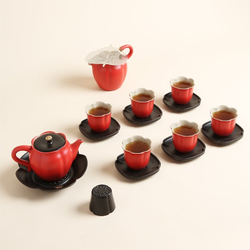 【吉相伴茶禮】一壺一海六杯+杯托 壺承 蓋置 全套茶席 - 茶壺/茶杯/茶具 - 陶 紅色