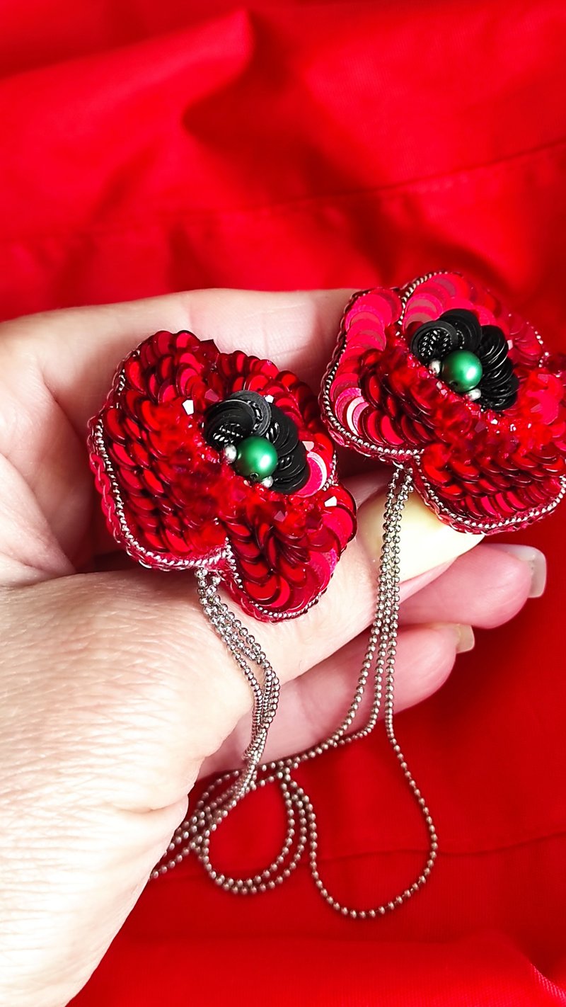 Earrings Cefalu Flower Handmade Embroidered Earrings, Flower Handmad gifts - Earrings & Clip-ons - Other Materials Red