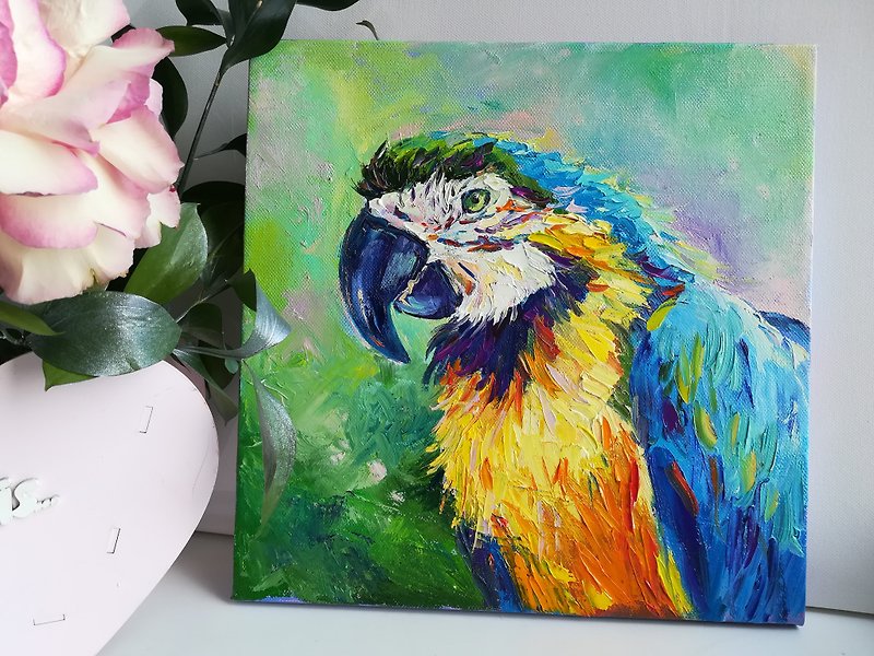 Ara Parrot oil painting on canvas Bright parrot wall art Painting with a bird - 牆貼/牆身裝飾 - 其他材質 多色
