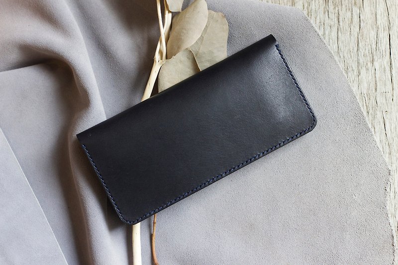 Color-matching Italian vegetable-tanned leather two-button zipper long clip - Wallets - Genuine Leather Black