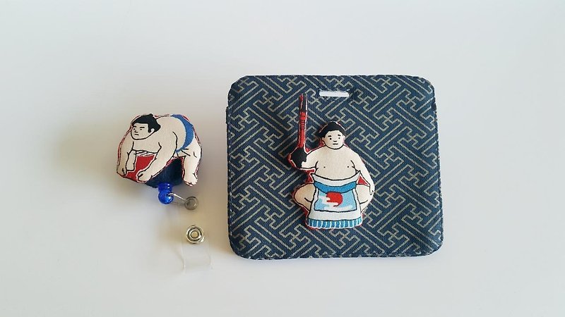 mini bear hand-made sumo wrestler card set/document set + telescopic pull ring (steel wire) exclusive - ที่ใส่บัตรคล้องคอ - ผ้าฝ้าย/ผ้าลินิน 