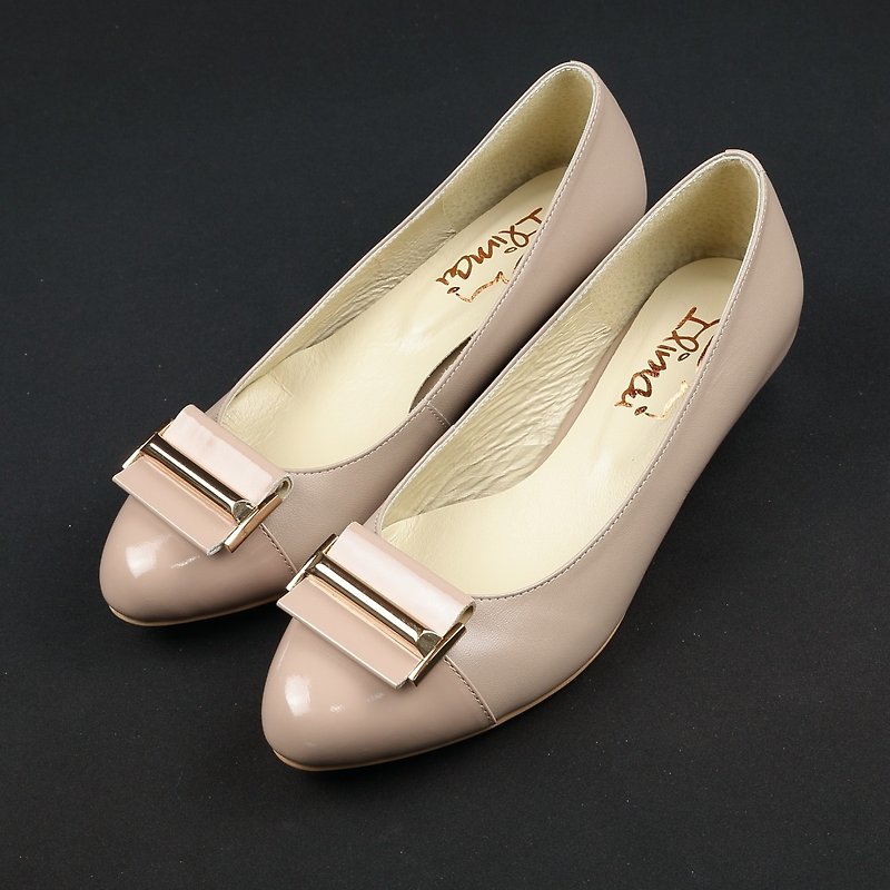 [Last pair] H buckle low-heel working shoes- Khaki apricot - รองเท้าหนังผู้หญิง - หนังแท้ สีกากี