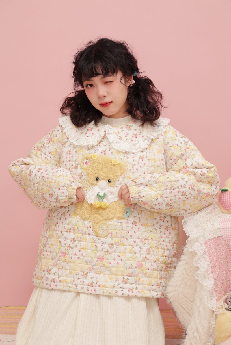 昭和少女 小熊毛絨娃娃領棉衣外套 - 女上衣/長袖上衣 - 其他材質 黃色