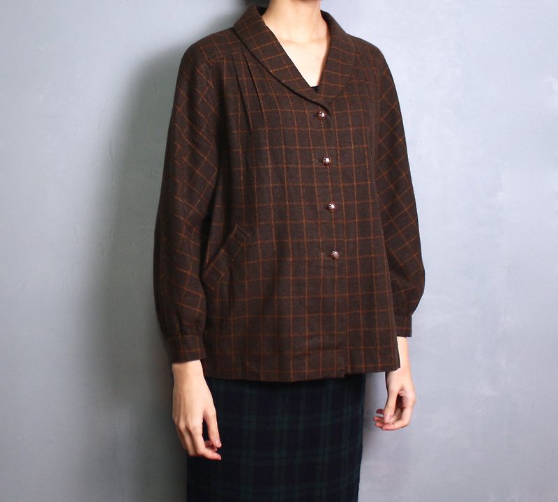FOAK vintage Showa cocoa check wool shirt - เสื้อเชิ้ตผู้หญิง - วัสดุอื่นๆ 