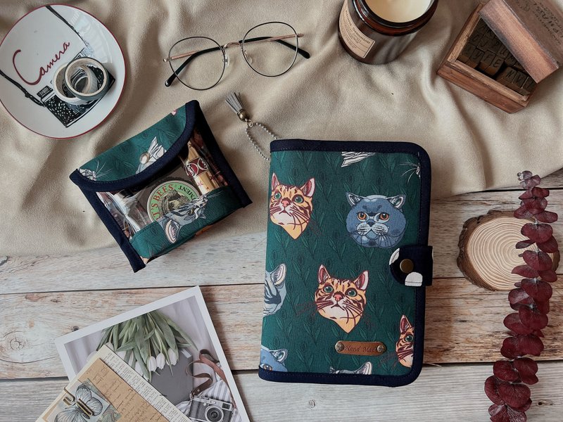 復古貓咪B6手帳書套/活頁書套/透明收納包 - 筆記簿/手帳 - 棉．麻 綠色
