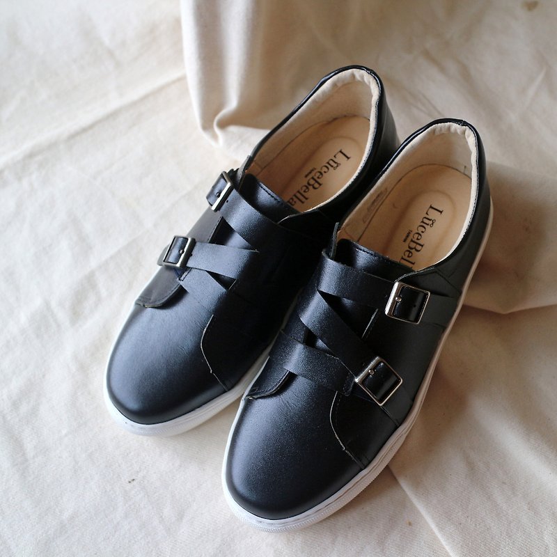 【Criss cross】Platform Casual Shoes - Black - รองเท้าลำลองผู้หญิง - หนังแท้ สีดำ