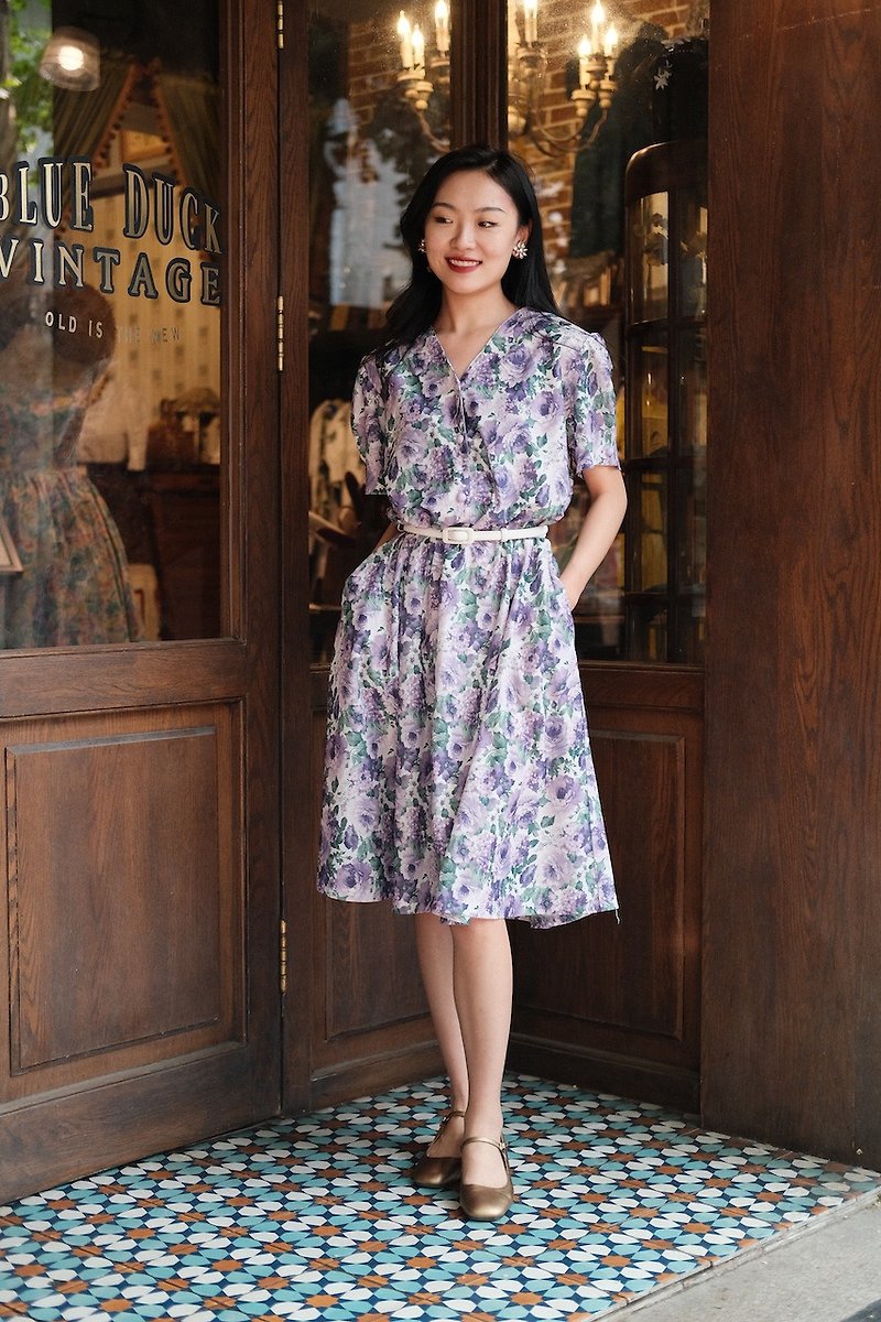 Vintage dress紫羅蘭印花連衣裙古著復古連衣裙 - 連身裙 - 棉．麻 