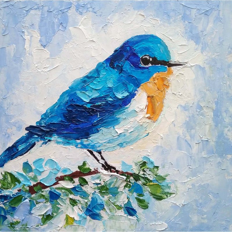 Blue Bird Painting Original Bird Wall Art Animal Artwork Mini Oil Picture, 手工油畫 - 海報/掛畫/掛布 - 其他材質 多色