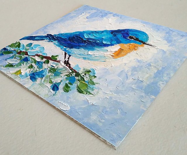 青い鳥の絵画オリジナルの鳥の壁アート動物アートワークミニ油絵、手工 
