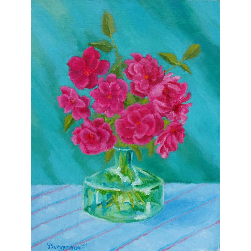 Magenta Garden Roses Original Art Oil Painting Wall Decor Beautiful Magenta Rose - โปสเตอร์ - วัสดุอื่นๆ หลากหลายสี