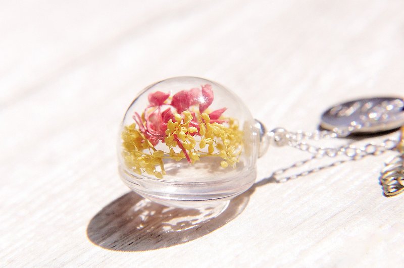母親節禮物 / 森林女孩 / 法式立體透明感玻璃球乾燥花項鍊 - 粉色花朵 + 黃色滿天星