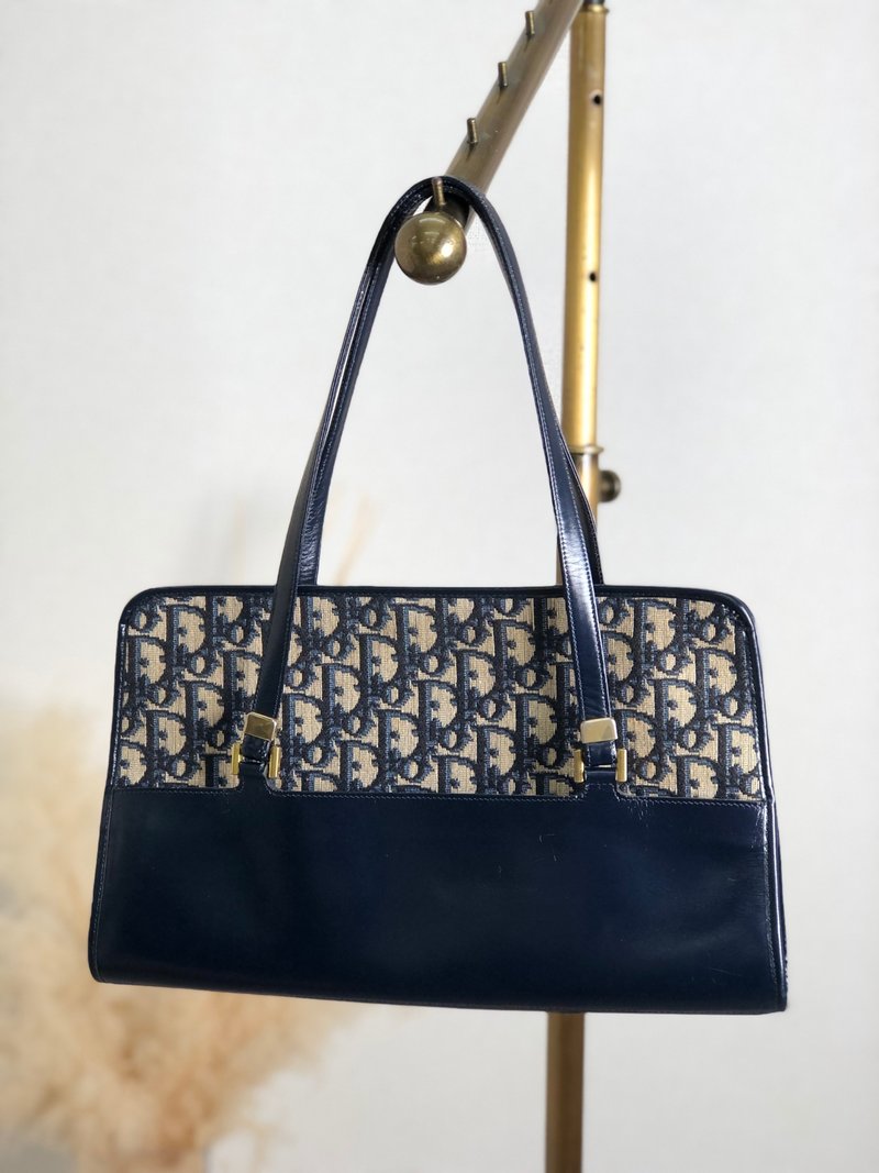 【 日本直送　名牌中古包 】Christian Dior クリスチャン ディオール トロッター ハンドバッグ ネイビー ジャガード レザー  nb73r3 - 手提包/手提袋 - 棉．麻 藍色