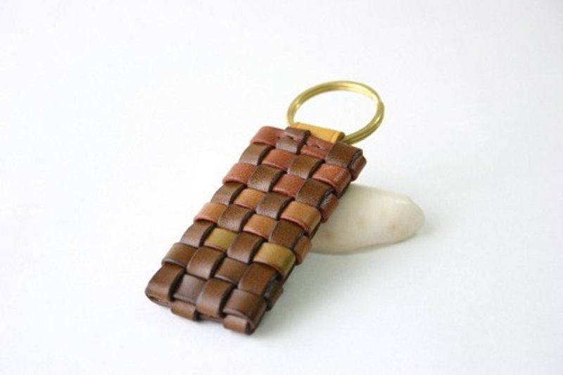 Hand-dyed leather style keychain, double ring type, Khaki - Keychains - Genuine Leather Khaki