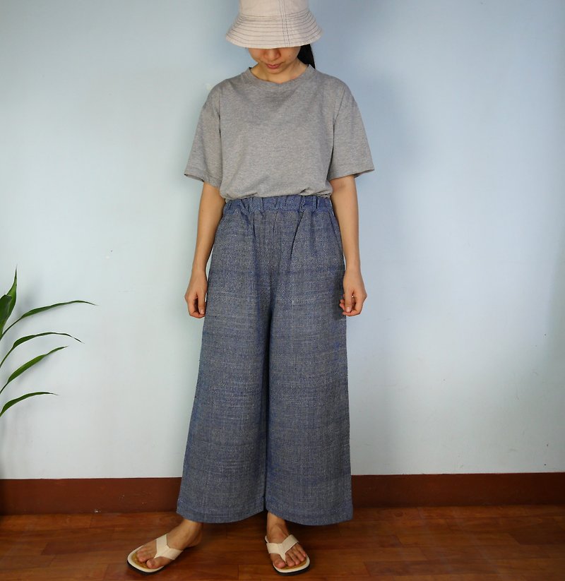 【聖誕禮盒】Handwoven cotton fabric  pants ... ( - 闊腳褲/長褲 - 棉．麻 藍色