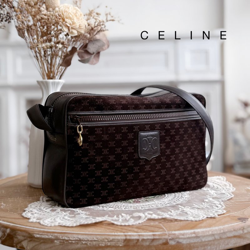 稀有極美品 CELINE Vintage 古董咖啡絨面皮革拉鍊長方側肩背包 - 側背包/斜背包 - 真皮 咖啡色