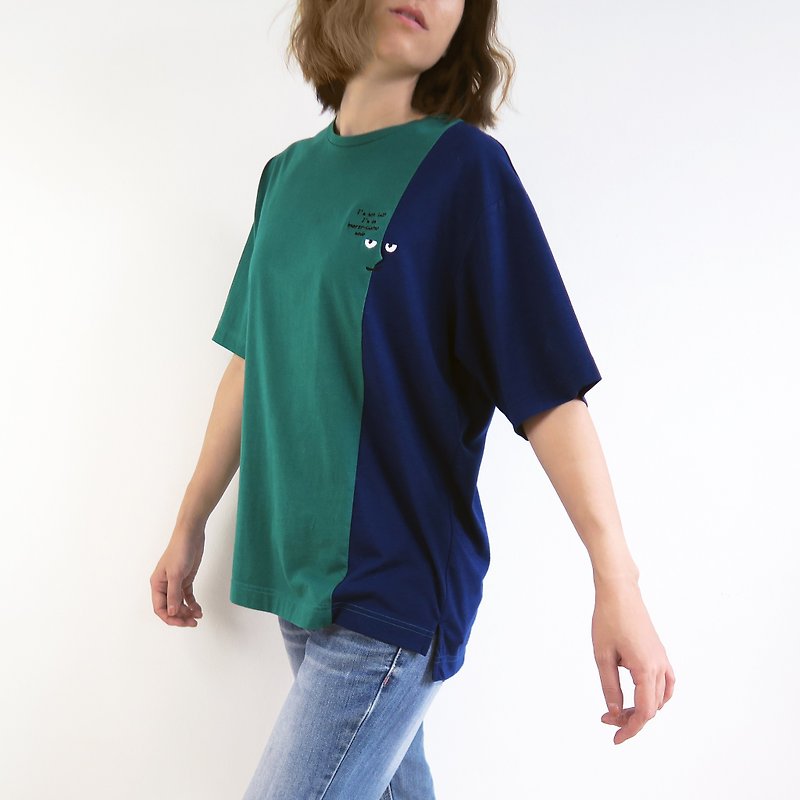 【Mr. T】バイカラーTシャツ　グリーン x ブルー - トップス ユニセックス - コットン・麻 グリーン