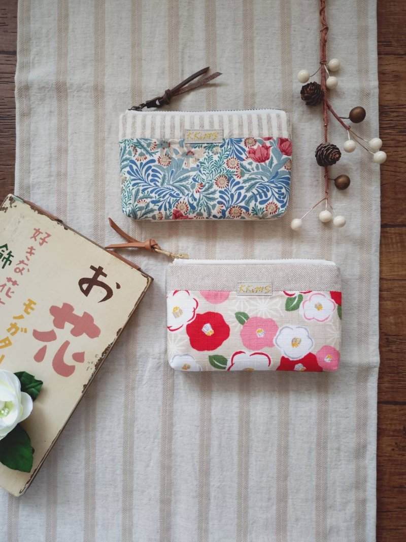 [FWL/four-layer small wallet] British classical Teal, red, spring, camellia, Japanese fabric, French fabric - กระเป๋าใส่เหรียญ - ผ้าฝ้าย/ผ้าลินิน หลากหลายสี