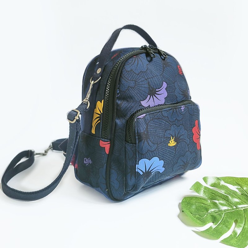 Water-repellent 3-use small backpack, side backpack, shoulder bag, travel bag - Spray Flowers Dark Blue - กระเป๋าเป้สะพายหลัง - วัสดุกันนำ้ สีน้ำเงิน