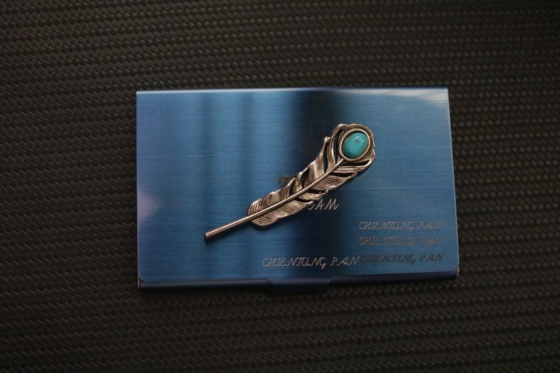 復古藍色羽毛名片夾金屬名片盒免費刻字 - 名片夾/名片盒 - 其他金屬 藍色