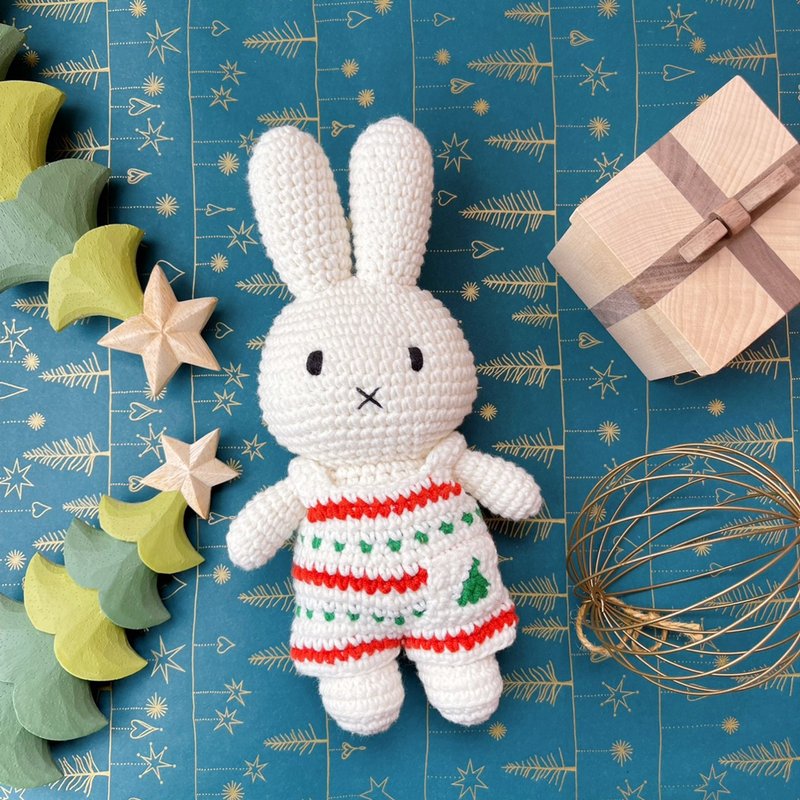 荷蘭 Just Dutch | Miffy 米飛兔 編織娃娃和她的聖誕吊帶褲 - 公仔/玩偶 - 棉．麻 白色