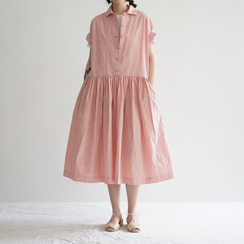 Smiling Visage Shirt Dress (Pink) - ชุดเดรส - ผ้าฝ้าย/ผ้าลินิน สึชมพู