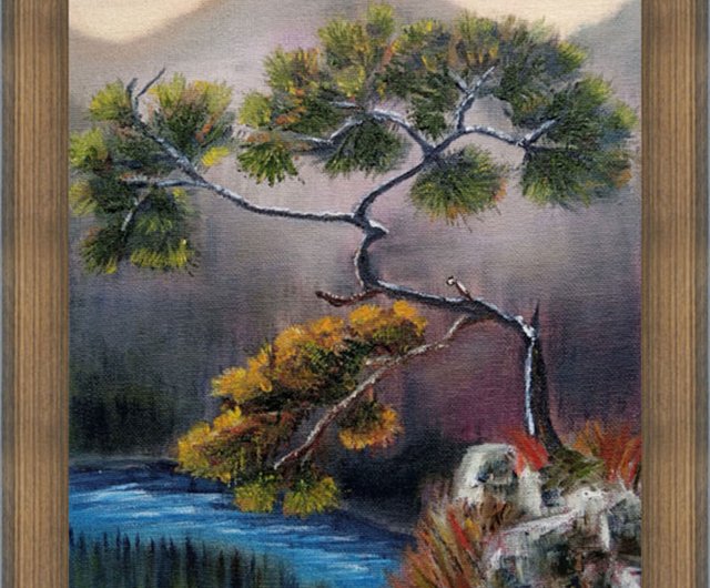 山 松の木 油絵 油絵 キャンバス 張られたオリジナルアート - ショップ