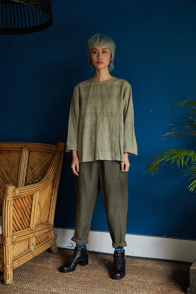 Ancient tea long sleeved top-green-Fair Trade - เสื้อเชิ้ตผู้หญิง - ผ้าฝ้าย/ผ้าลินิน สีเขียว