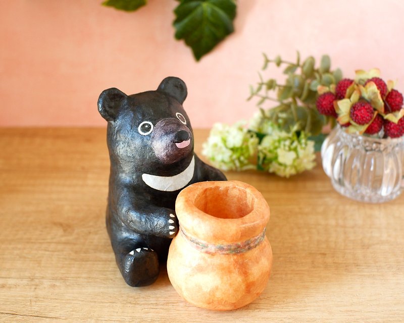 Figurine of a bear holding a jar, Asiatic black bear, pen holder, flower vase, washi paper decor - Items for Display - Other Materials Black