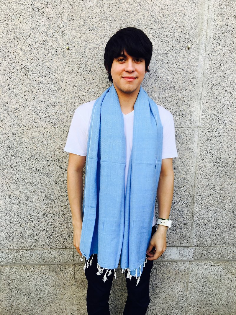 Nepal Yak thick blanket woven striped shawl scarf - simple blue sky - Scarves - Other Materials Blue