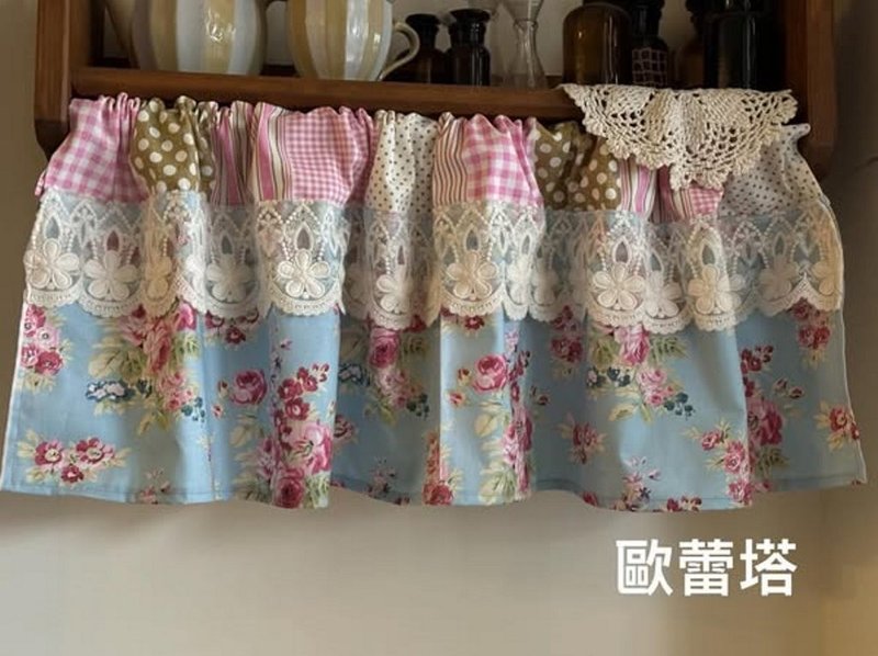 歐蕾塔手做**籃底花拼接格蕾絲手作短簾 - 門簾/門牌 - 棉．麻 藍色