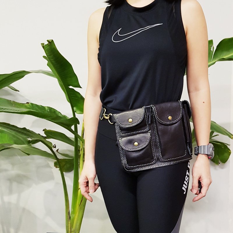 LEATHER BULLET WAIST BELT BAG / FANNY PACK / CROSS BODY CHEST BAG - A42 - 手提包/手提袋 - 真皮 黑色