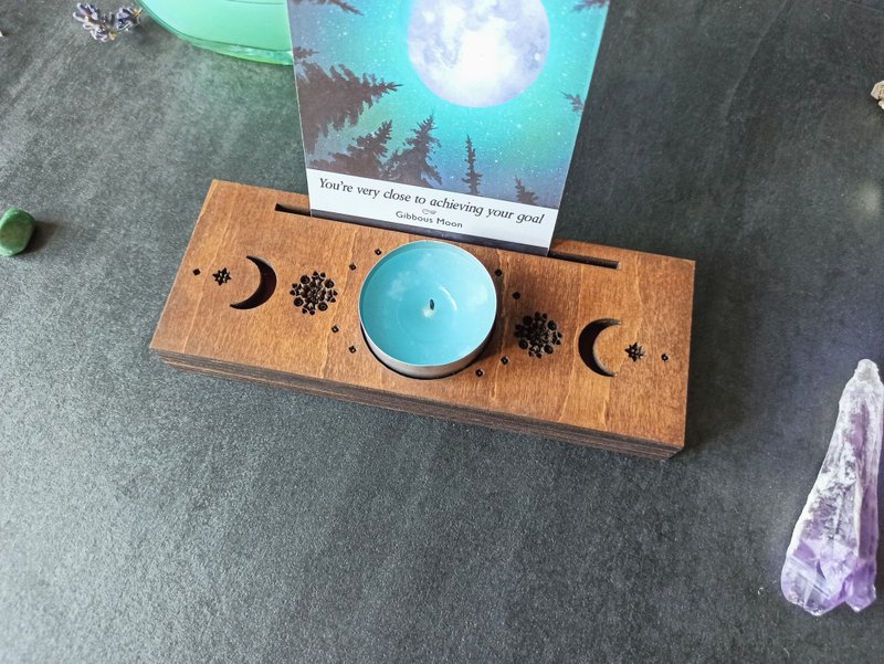 Oracle / tarot card display / tealight holder . Moon phases altar space decor - Items for Display - Wood Brown