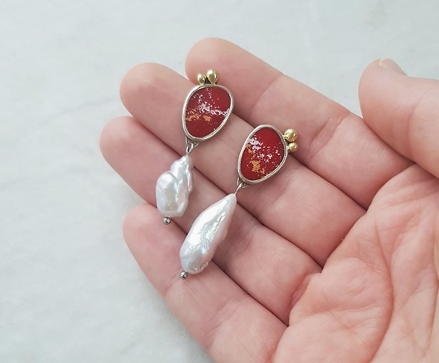 Unique earrings of enamel and natural pearls