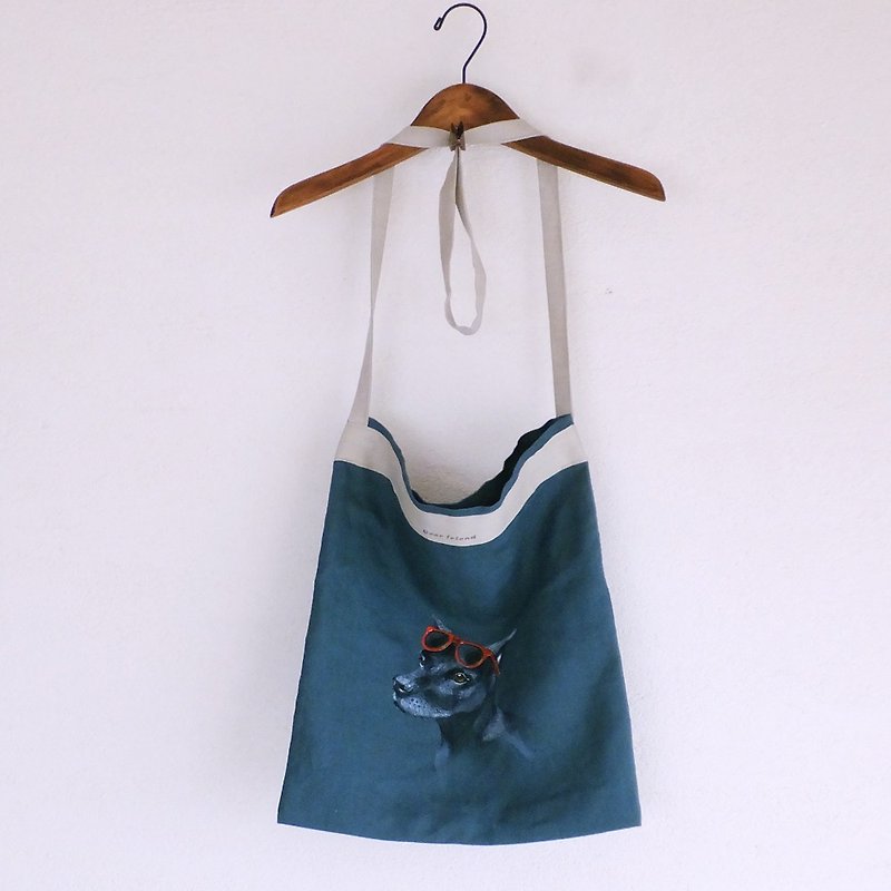 linen bag　Hand-Painted Taiwan Dog - Messenger Bags & Sling Bags - Cotton & Hemp Green