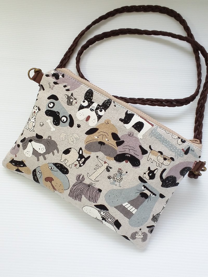Naughty dog ​​linen light oblique shoulder bag - กระเป๋าแมสเซนเจอร์ - ผ้าฝ้าย/ผ้าลินิน สีกากี