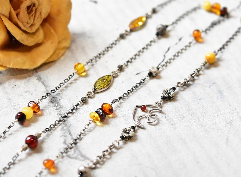 Natural color amber 925 sterling silver tranquilizing long chain - Long Necklaces - Semi-Precious Stones Silver