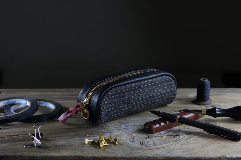 植鞣牛革拼接單寧布筆袋/收納袋(黑澀)-紳士直條紋 - 鉛筆盒/筆袋 - 真皮 黑色