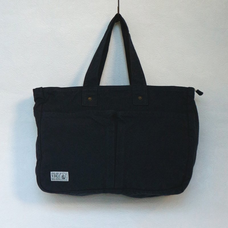 NEW Zip Box Tote [Dark Navy] (VC-24) - กระเป๋าถือ - ผ้าฝ้าย/ผ้าลินิน สีน้ำเงิน