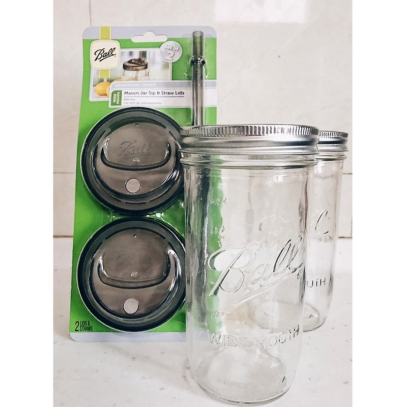 US imported glass seal Mason jar set _24oz wide mouth tank*2+ wide mouth straw cup set*1 - Mugs - Glass Transparent