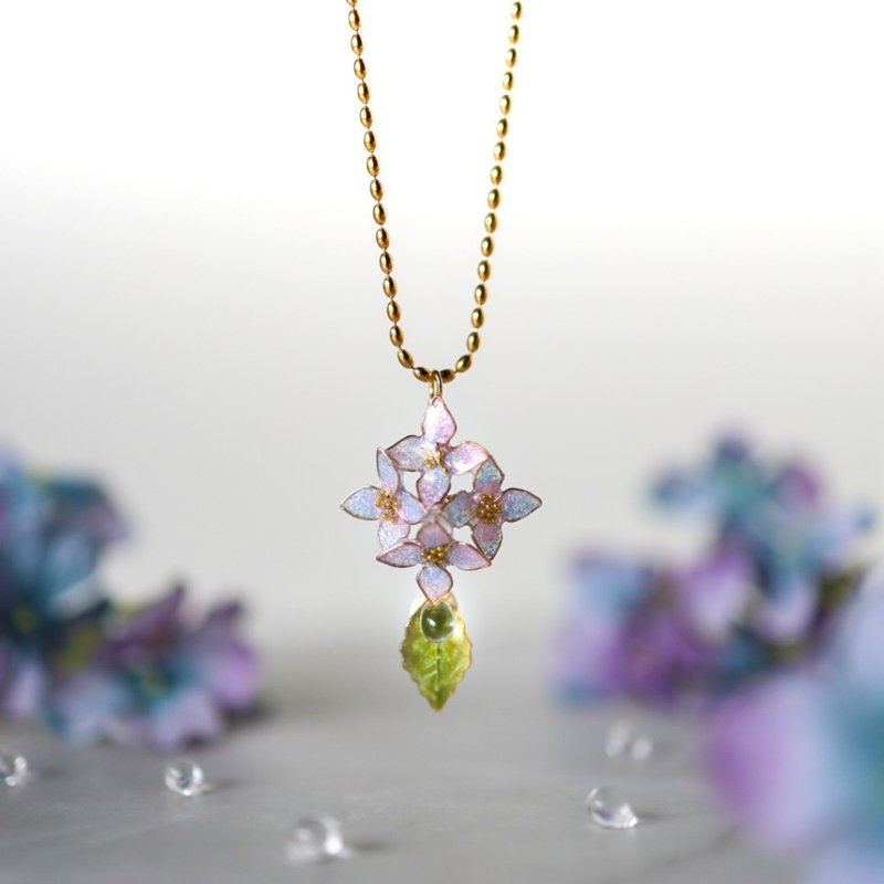 しっとり　紫陽花と雨粒のロングネックレス - 項鍊 - 樹脂 紫色